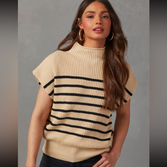 Tan & Black Striped Short Sleeve Ribbed Sweater Knit Top, High Collar - Picture 10 of 13